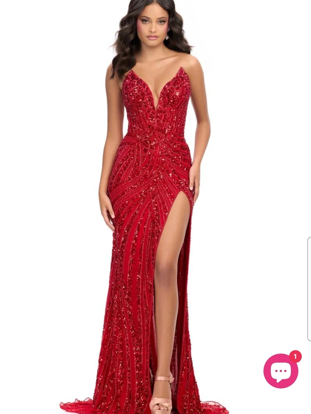 Ashley Lauren 11236 Red Beaded Plunge V-Neck Evening Gown - PROM